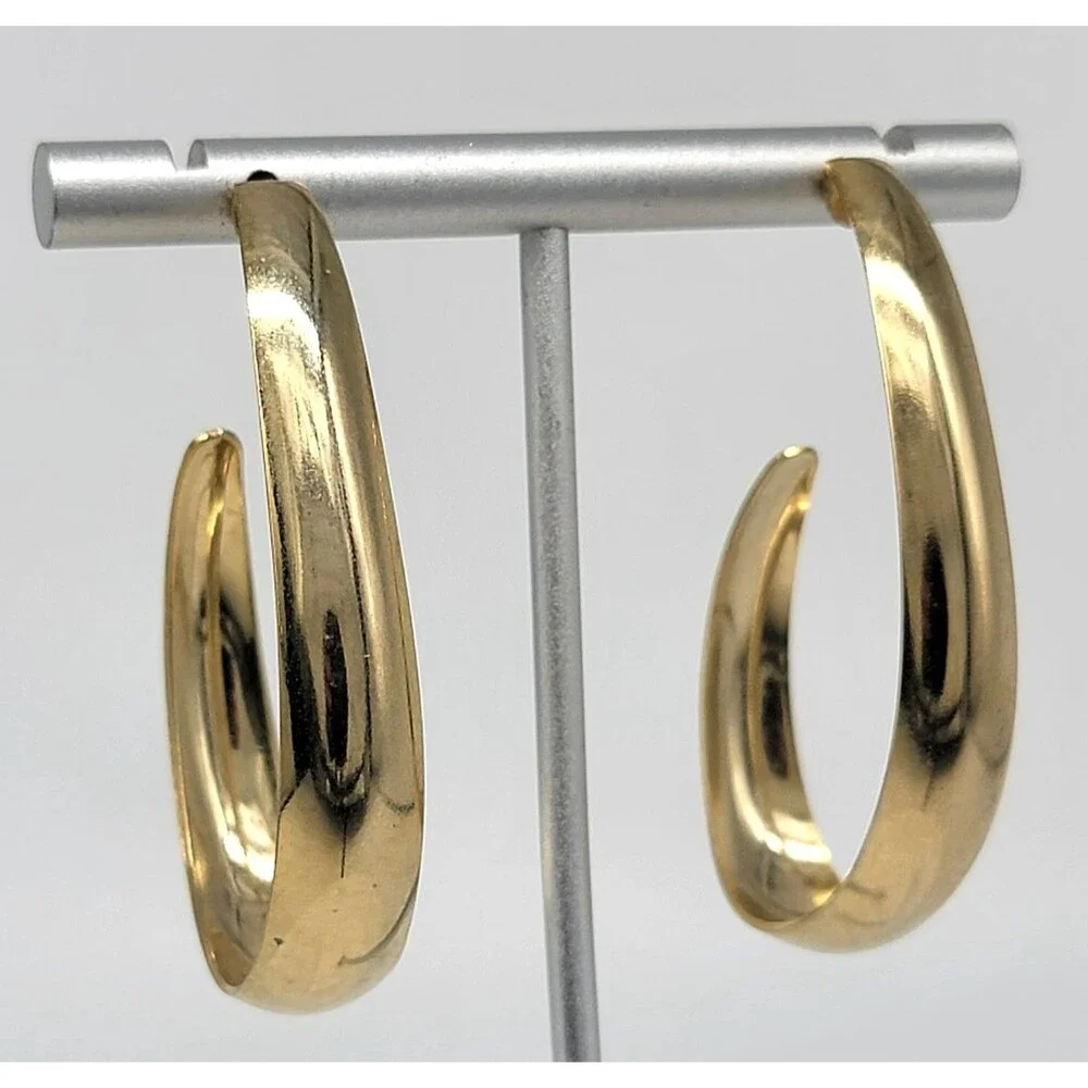 Gold Tone Oval Hoop Earrings Large Polished Unmarked Statement Jewelry Vintage S